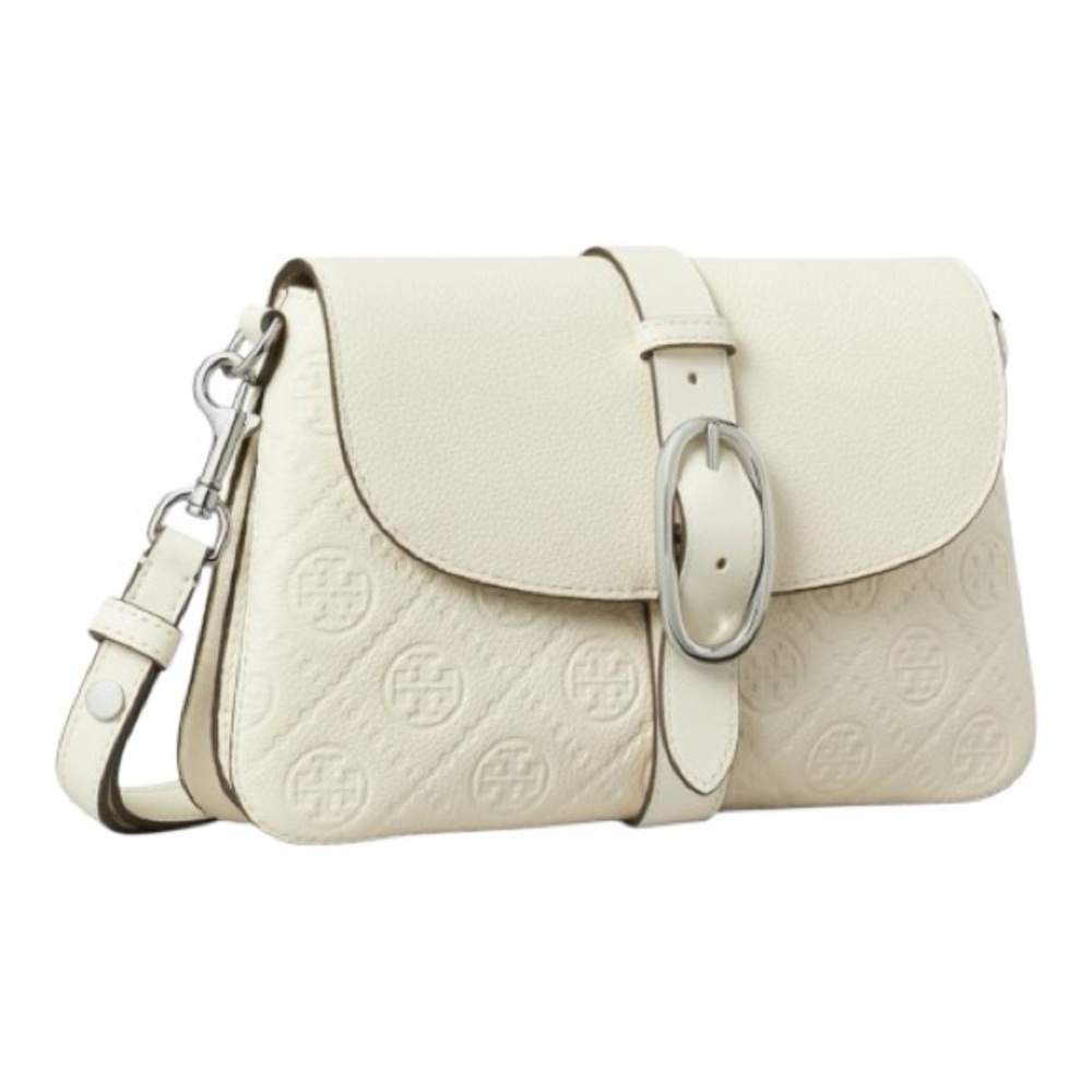 NWT Tory Burch Small T Monogram Pebble Leather Shoulder Bag Warm White MSRP $395 - Picture 2 of 9